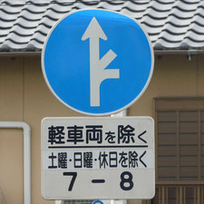異形矢印標識(指定方向外進行禁止)。静岡県沼津市にある。