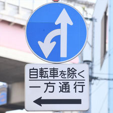 異形矢印標識(指定方向外進行禁止)。東京都葛飾区にある。