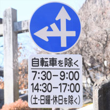 異形矢印標識(指定方向外進行禁止)。長野県伊那市にある。