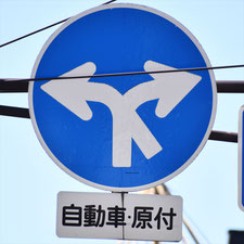異形矢印標識(指定方向外進行禁止)。長野県諏訪市にある。