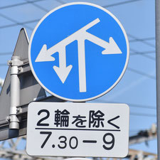 異形矢印標識(指定方向外進行禁止)。岡山県倉敷市にある。