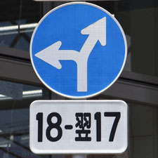 異形矢印標識(指定方向外進行禁止)。神奈川県横浜市にある。