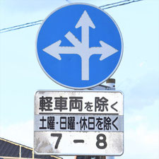 異形矢印標識(指定方向外進行禁止)。静岡県藤枝市にある。