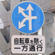 異形矢印標識(指定方向外進行禁止)。東京都中央区にある。