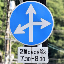 異形矢印標識(指定方向外進行禁止)。広島県福山市にある。
