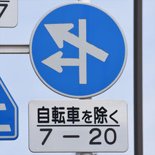 異形矢印標識(指定方向外進行禁止)。岡山県津山市にある。