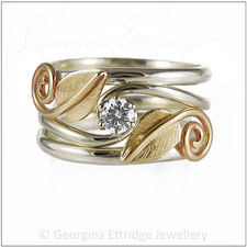 Three Ring Wedding Set - Leaves, Gold & Diamond