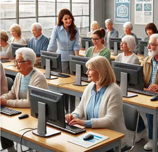 In einem Schulungsraum sitzen seniore Menschen vor PC und üben die von der Dozentin vermittelten Schritte. Kleine Gruppen sind unterhaltsam und zeigen den Bedarf von vielen. So verbinden Sie Lernen mit neuen sozialen Kontakten.