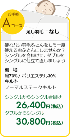 羽毛リフォームA　お手軽コース　足し羽毛なしシングル22,000円