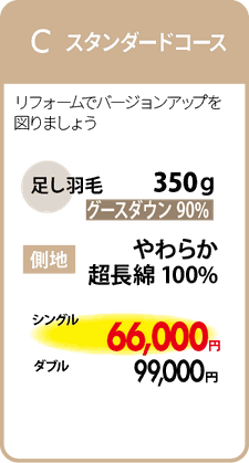 羽毛リフォームC　スタンダードコース　足し羽毛350ｇ　シングル66,000円