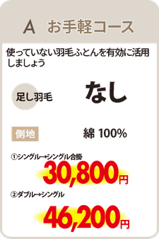 羽毛リフォームA　お手軽コース　足し羽毛なしシングル22,000円