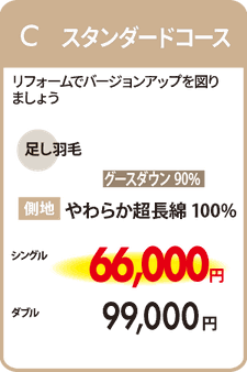 羽毛リフォームC　スタンダードコース　足し羽毛350ｇ　シングル66,000円