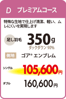 羽毛リフォームD　プレミアムコース　足し羽毛350ｇ　側地　ゴア®エンブレム　シングル104,500円