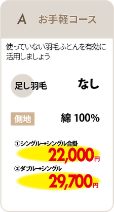 羽毛リフォームA 足し羽毛なし　シングルからシングル合い掛け　22000円