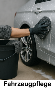 Silbernes Auto, dass mit einem Waschhandschuh von einer Person gewaschen wird. DOST Autoshampoo und ein weiterer Lappen befinden sich in einem schwarzen Eimer neben dem Auto