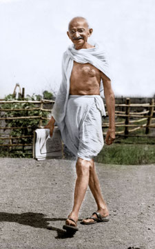 Mahatma Gandhi walking at Satyagraha Ashram, Sevagram, 1945. (Ghandi)