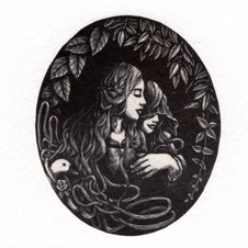 白い花嫁と黒い花嫁  /木口木版/6×5.2cm/シート価格￥12,100(税込み)/額装価格￥16,200(税込み)