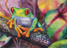 ein Frosch, imGeäst, gegenständliche Malerei,Aquarellbild