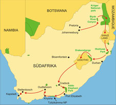 Karte Südafrika Kleingruppenreise 20 Tage