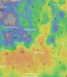 Niederschlagsmengen in mm zwischen 9-11 Uhr, © Ventusky
