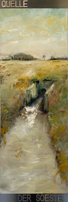 Quelle der Soeste, Acryl- Mischtechnik auf Leinwand mit Edelstahl mit Wasser aus der Soestenquelle in Emstek, Koordinaten: 52°50'51"N, 8°10´, 120 cm x 40 cm