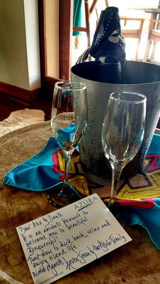 Champagne on arrival at Azura Benguerra, Mozambique. Dante Harker