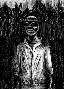 Un zombi haïtien, au crépuscule, dans un champ de canne à sucre (illustration de Jean-Noël Lafargue)