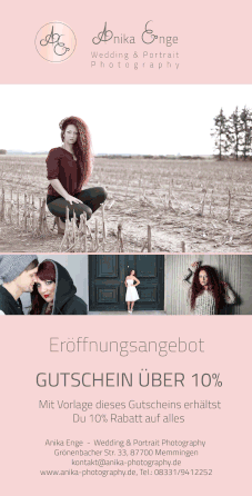 Gutschein von 10% auf Alles zur Eröffnung des Fotostudios von Anika Enge - Wedding & Portrait Photography in Memmingen