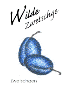 Etikett von Wilde Zwetschge:Zwetschgenbrand, Buntstiftzeichnung von zwei blauen Zwetschgen