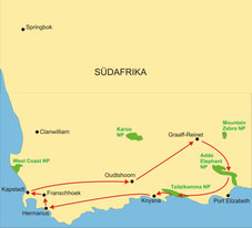 Karte Südafrika Kleingruppenreise 4 Tage Gardenroute
