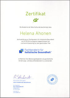 Ernährungsberatung Berlin, Helena Ahonen, Fachberater für holistische Gesundheit, ganzheitliche Ernährungsberatung, Zertifikat Ernährungsberatung