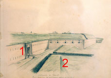 (1) Courtine, poort & (2) bastion-flank