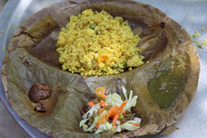 Thali with rice, salad, and chutney