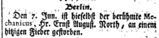 By the 1730s, North had become well known as an instrument maker. He contracted a fever which led to his early death in 1741 [1]. He was succeeded by his apprentice Johann Ludwig Koch, who was appointed instrument maker to the Academy in 1742 [3].