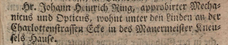 Ring's first listing in the Adreß-Kalender Berlin 1758, p.143.