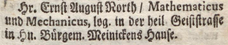 North's first listing in the Adreß-Kalender Berlin 1728, p. 101 [4].