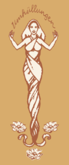 Zeichnung einer in Tücher gefüllte Frau mit 3 Lotusblüten am Fußende