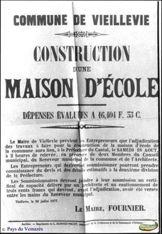 Affiche pour la construction de l'école de Vieillevie - 1877 - Coll. Archives départementales du Cantal.