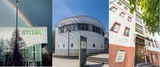 Außenansicht Eingang Hochschule München, rotes Gebäude, Glastüren