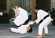 Wrist lock ending in a throw at the Yoshitaka street demonstration of Karate.