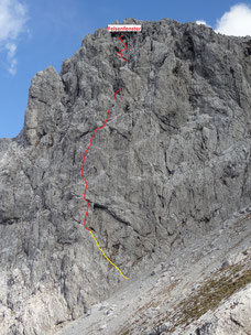 Übersicht Ebenstein Westwand, gelb - Zustieg zum ersten Standhaken, rot - "Lechnerweg" mit Ausstiegsvariante