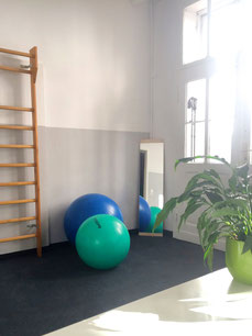 Ergotherapie-Behandlungsraum mit Gymnastikbällen und Sprossenwand
