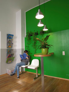 Ergotherapie-Praxis Empfangsbereich mit grüner Wand und Pflanzen