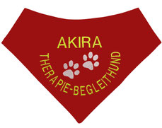 rotes Hundehalstuch mit Therapie-Begleithund bestickt, 2 Pfoteun und Name.