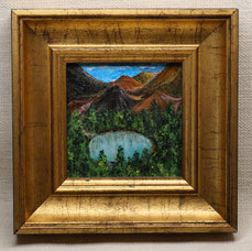 "Alpensee" acrylic painting on canvas panel with golden frame