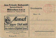 Jos. Friedr. Schmidt  Spiele-Fabrik - Preisrätsel-Lösung 1926 - Bestätigungskarte (Reklamekarte / Werbekarte)
