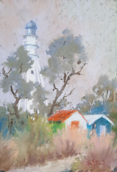 McCrae Lighthouse, Mornington Peninsula.  Small Painting.  Beach Huts.  Lighthouse. Cloudy day. 20x15cm