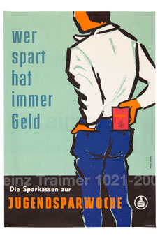 Jugendlicher mit Sparkassenbuch. Poster Weltspartag (Plakat Österreich um 1958).