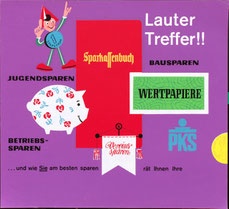 Lauter Treffer, Jugendsparen, Bausparen, Betriebssparen  . Sparefroh, Sparschwein, Sparkassenbuch.  Plakat Poster Werbung  Sparkasse1963.