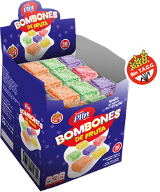 Bombones de fruta Sin Tacc. Presentación blister por 36uds. Kosher parve AK. Origen Argentina.